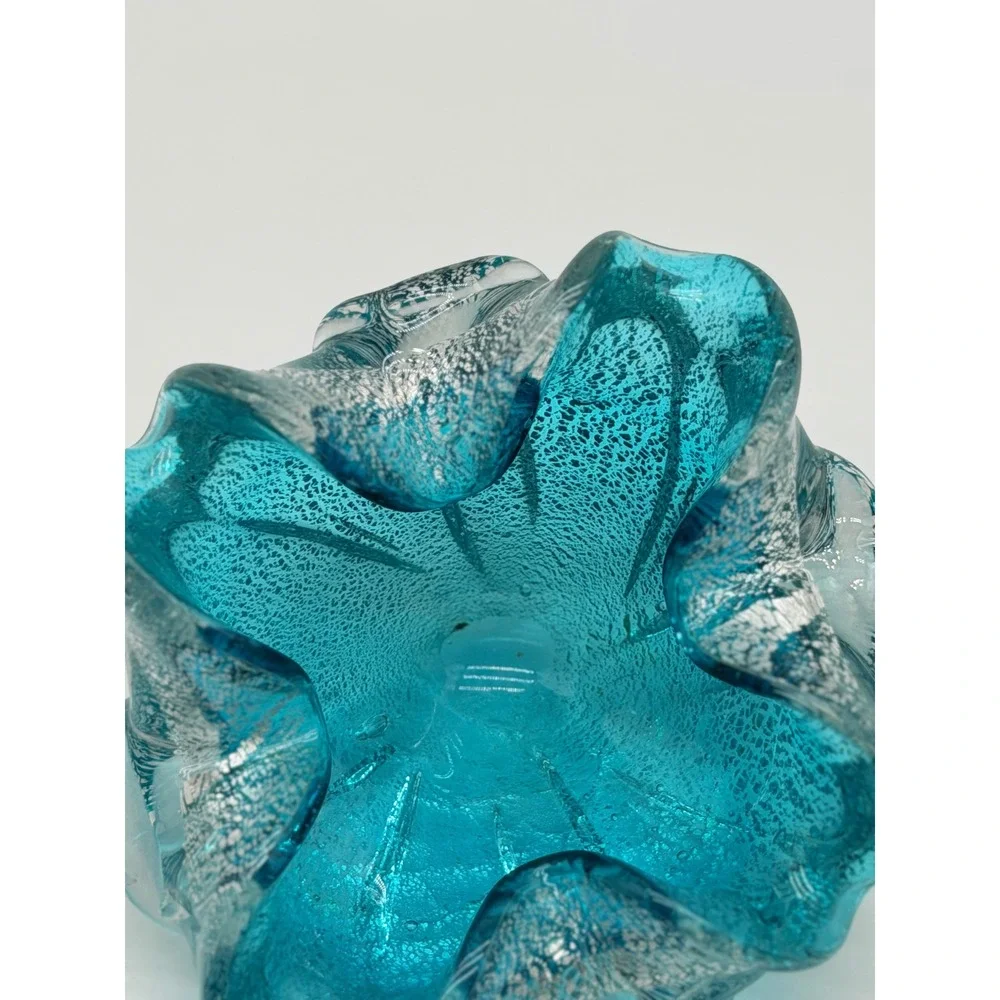 Turquoise Blue Silver Foil Murano Style Art Glass Ruffled Bowl Catchall 5.5